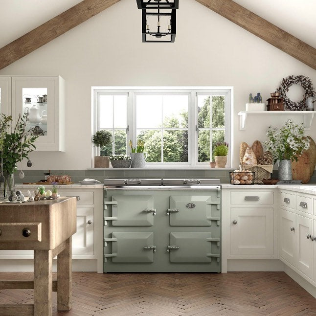 country kitchen with green range cooker