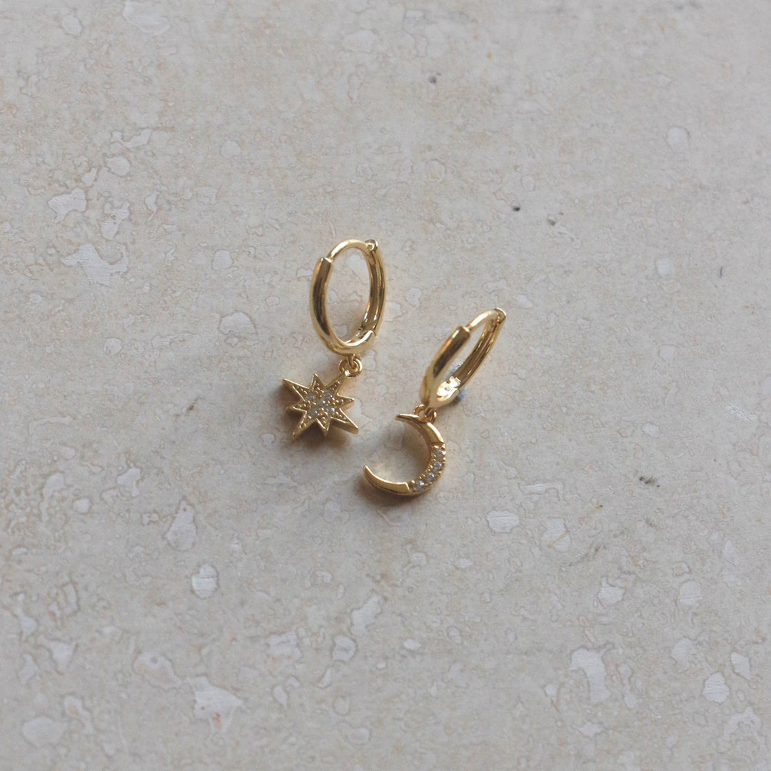 Moon & Star Huggie Hoops: Gold