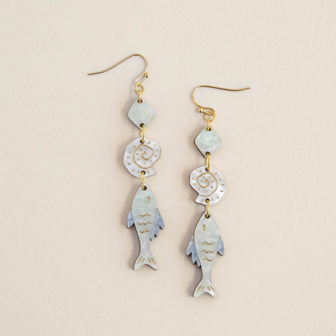 Ocean Fish, Shell & Pearl Drop Earrings