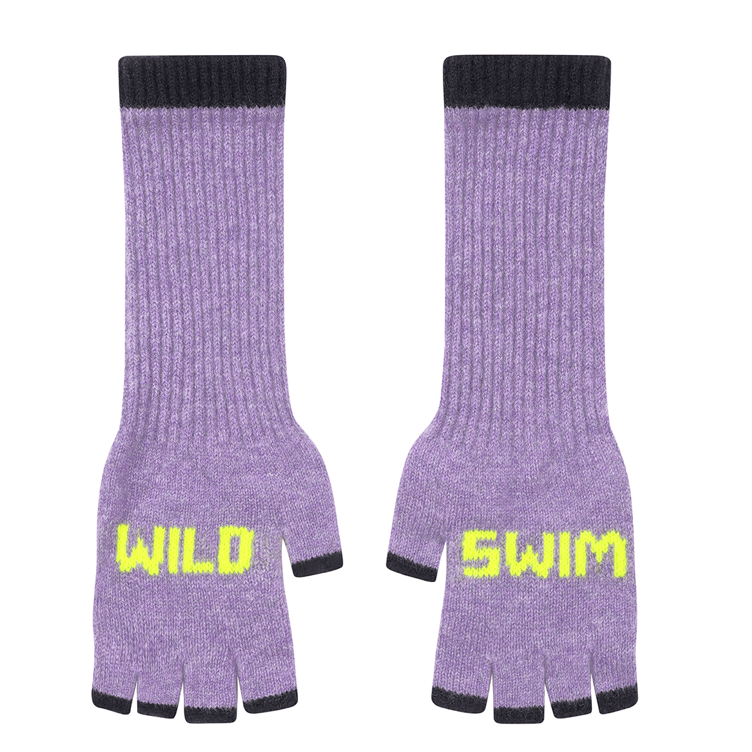 Wild Swim Merino Fingerless Gloves in Parma Violet & Neon Yellow