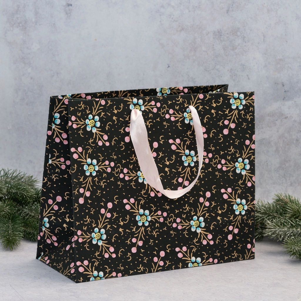 Black Recycled Floral Paper Gift Bag - 3 Sizes