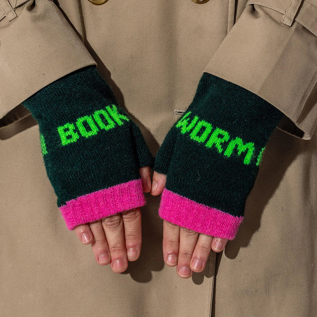 Book Worm Merino Mittens in Forest Green & Neon Green