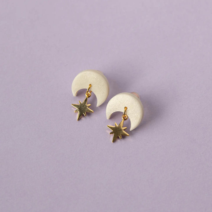 Celestial Star Gold Earrings in Pearly White