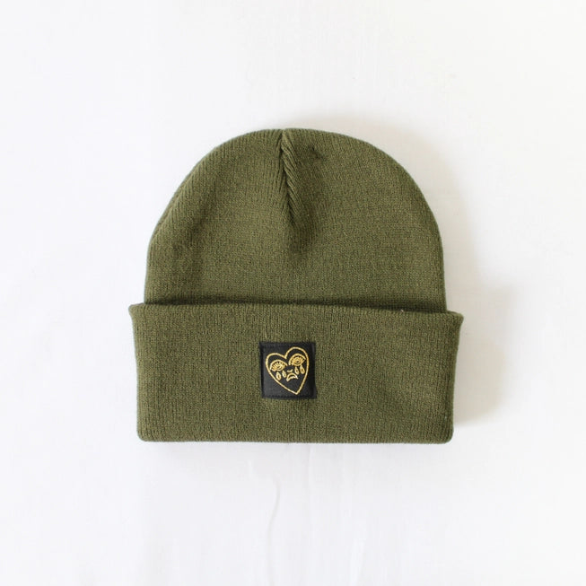 Crying Heart Cuffed Beanie Hat in Olive Green