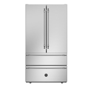 bertazzoni heritage series handles french door refrigerator in front of a white background with the doors closed