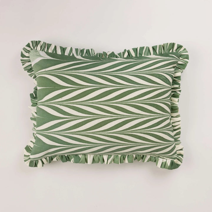 Marbled Cotton Ruffled Cushion Cover - Banyan Green