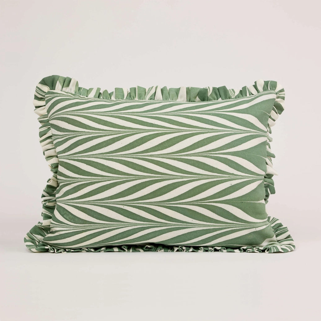 Marbled Cotton Ruffled Cushion Cover - Banyan Green