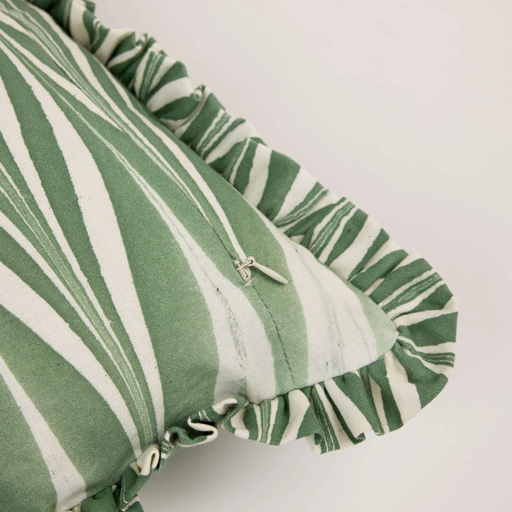 Marbled Cotton Ruffled Cushion Cover - Banyan Green