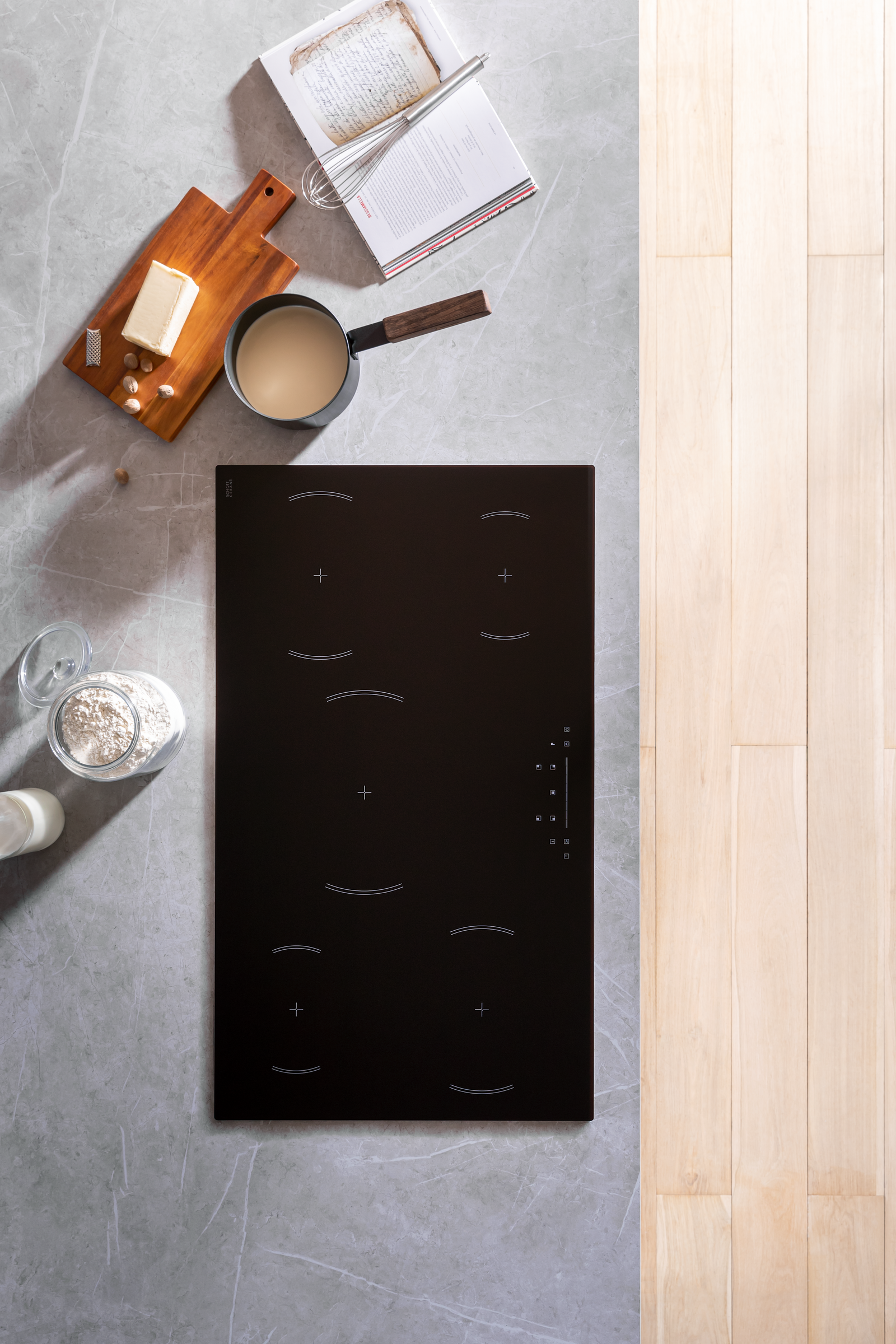 Bertazzoni induction hob in black birds eye view in a stylish kitchen