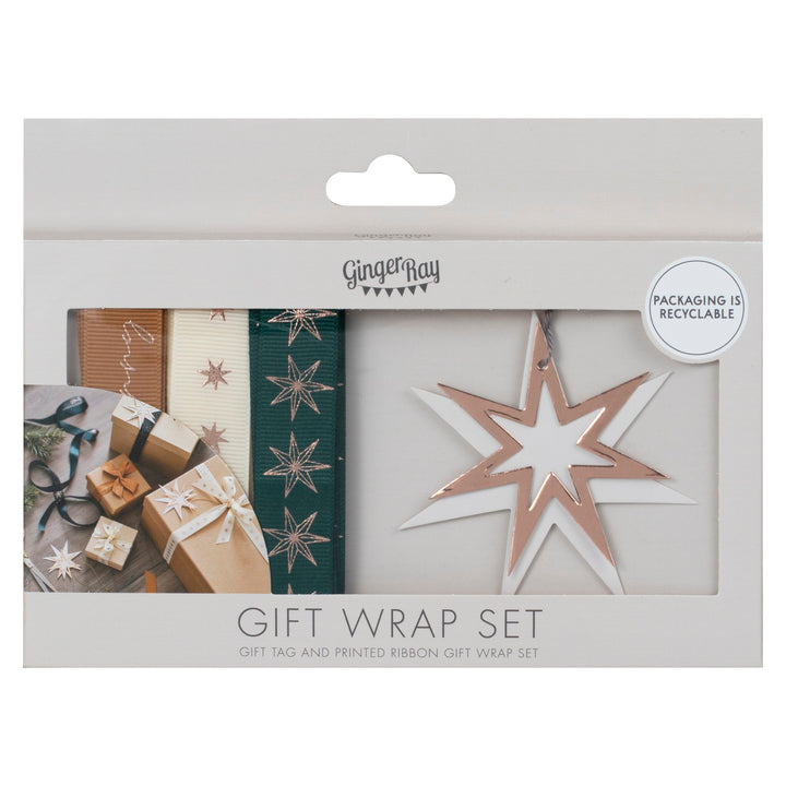 Ribbon and Gift Tags Gold Star Christmas Gift Wrap Set