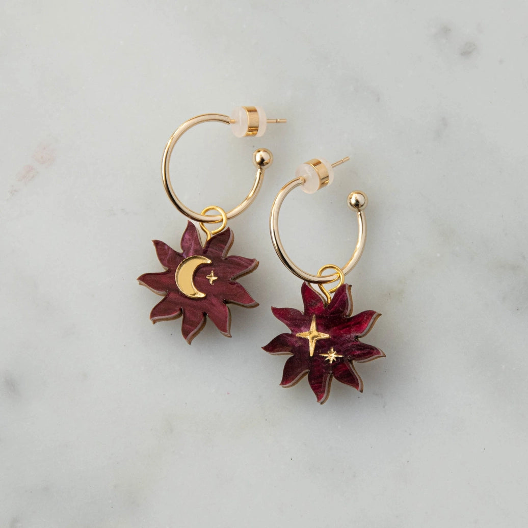 Sleepy Sun Hoops in Merlot Red Marble & Gold