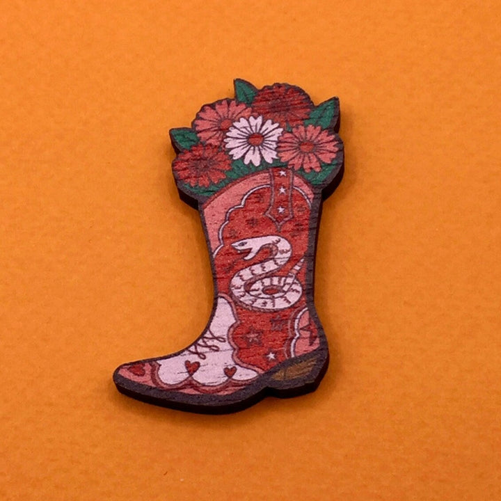 Cowboy Boot Walnut Pin Badge