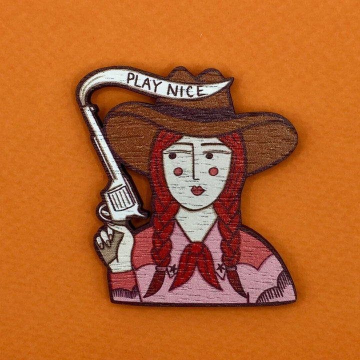 Cowgirl Walnut Pin Badge