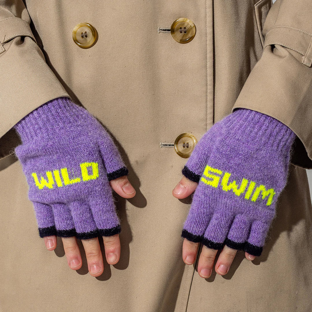 Wild Swim Merino Fingerless Gloves in Parma Violet & Neon Yellow