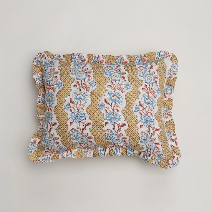 Blooming Trellis Block Printed Ruffled Cushion Cover