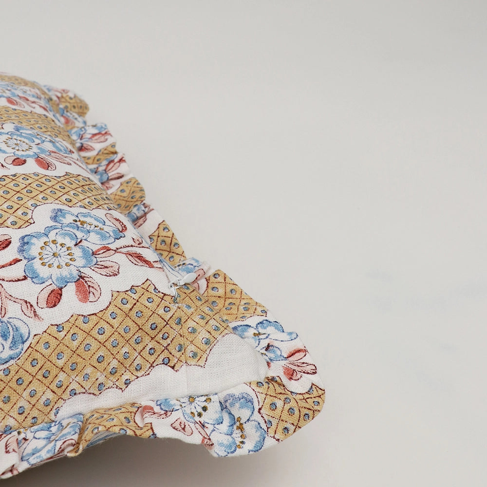 Blooming Trellis Block Printed Ruffled Cushion Cover