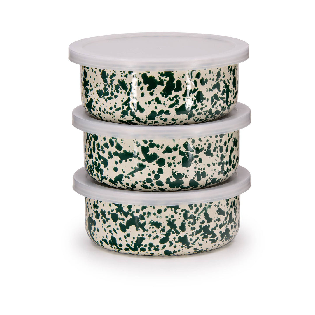 Splatter Enamelware Storage Bowl Set: Green & Cream Splatter