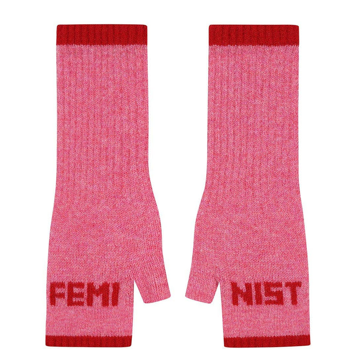 Feminist Fingerless Mittens in French Rose & Rouge
