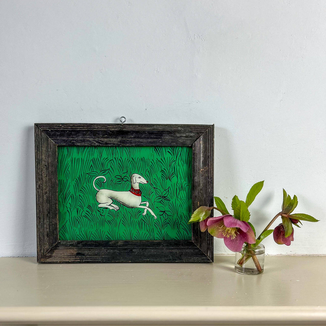 White Whippet Indian Glass Painting - Vintage