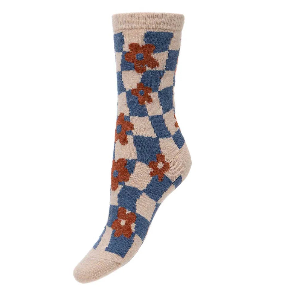 Blue Checked Flower Socks