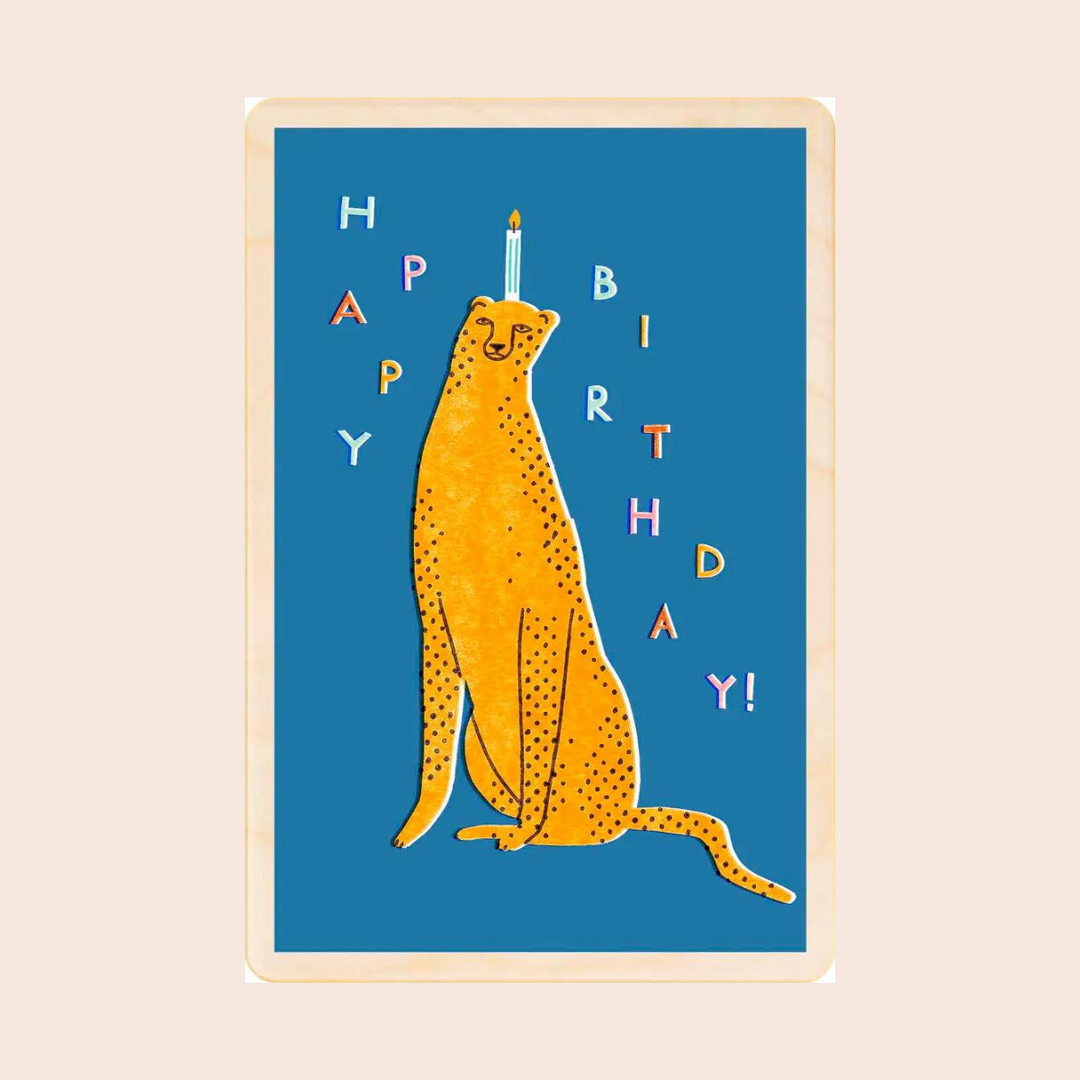 Wooden Postcard: Birthday Cheetah