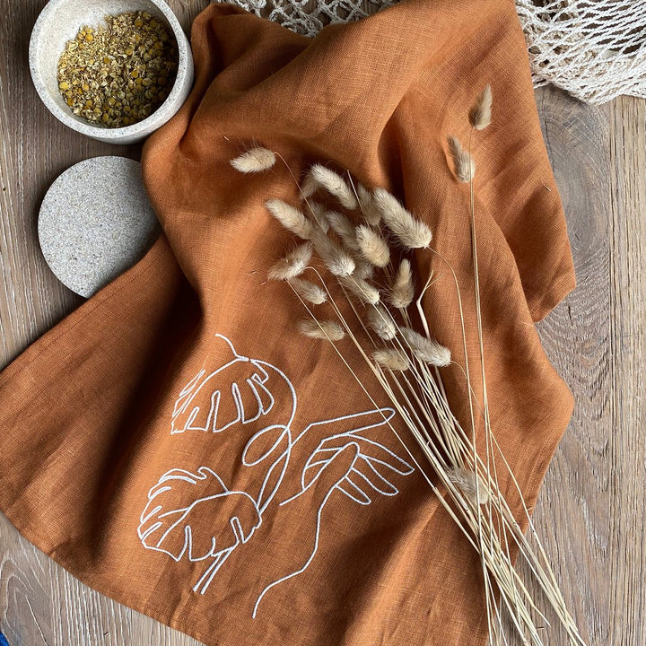 Rust Linen Embroidered Tea Towel