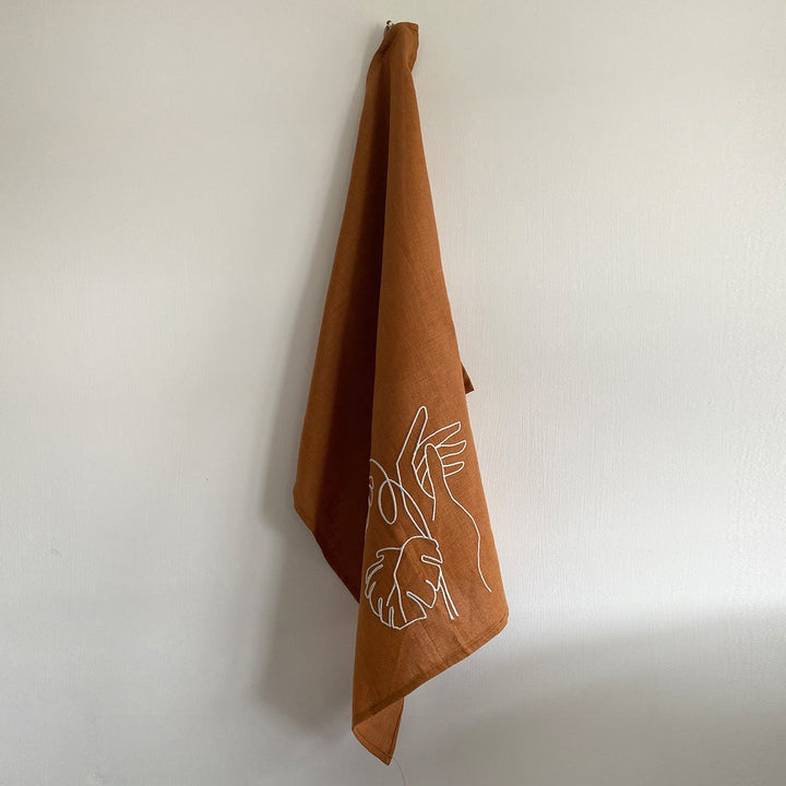 Rust Linen Embroidered Tea Towel