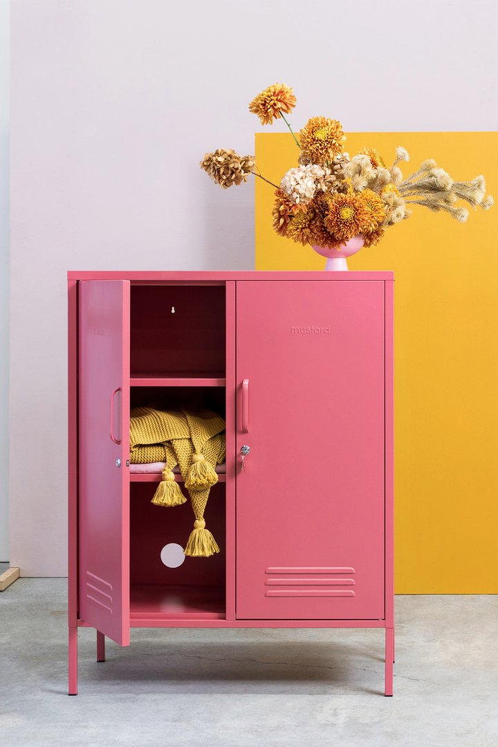 Mustard Made The Midi Locker with plant on top and one door open