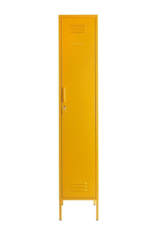 Mustard Made The Skinny Locker in mustard with the door closed infront of a white backrgound