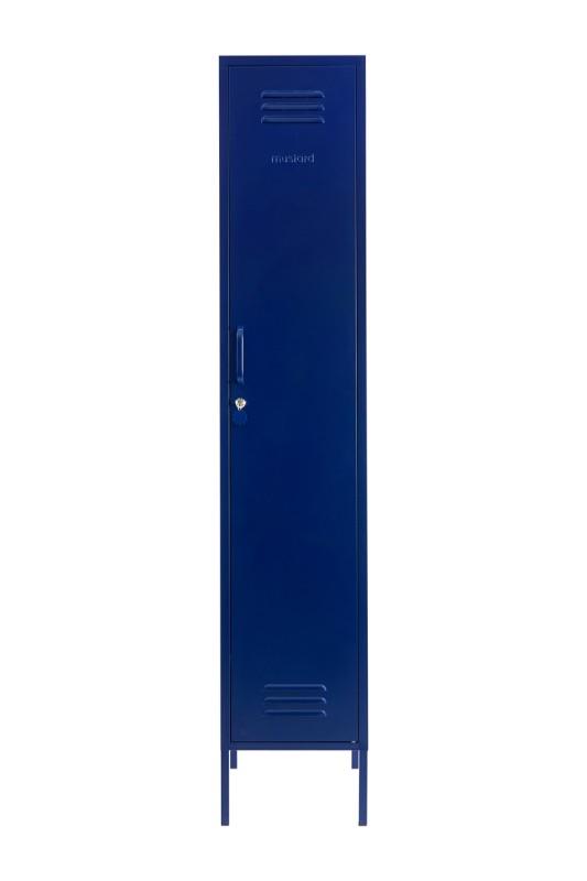 Mustard Made The Skinny Locker in navy infront of a white background with the door closed