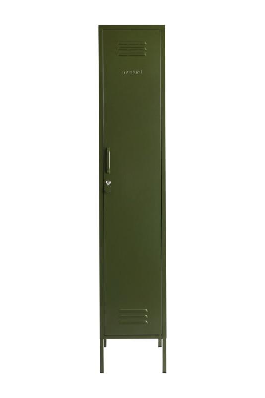 Mustard Made The Skinny Locker in olive infront of a white background with the door closed