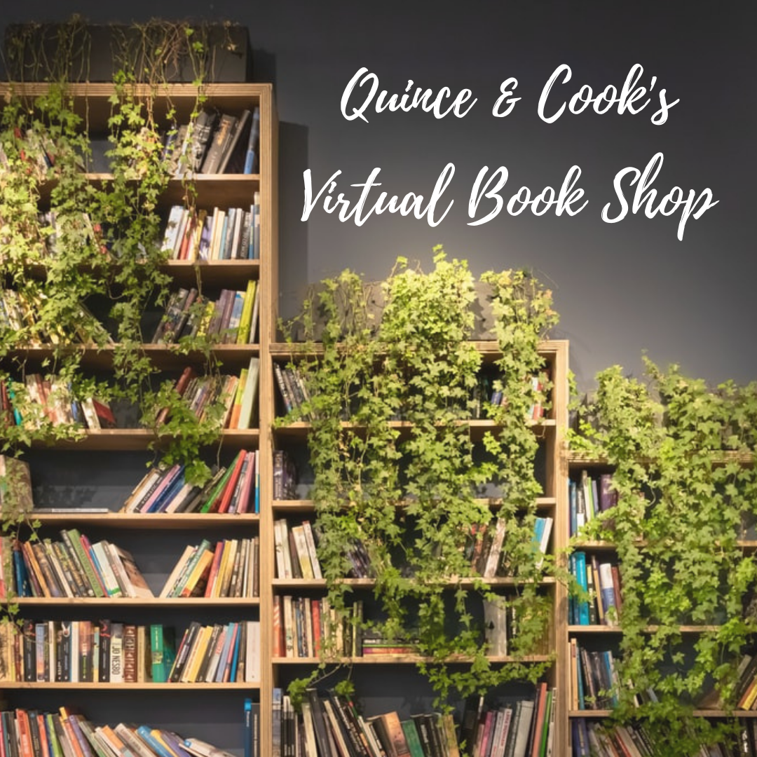 3 bookshelves with plants hanging over and the in the right hand corner text reads 'Quince & Cook's Virtual Book Shop'