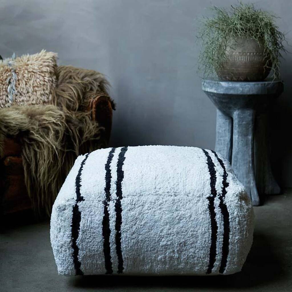 Lund pouf sitting in a room beside a furry couch and a planter