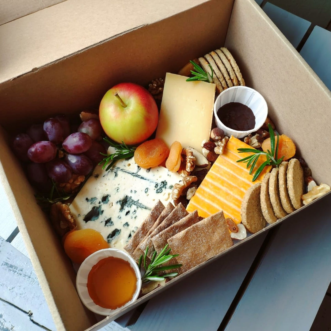 deli sharing box with cheese, crackers and fruit from the cheese byre in perth scotland