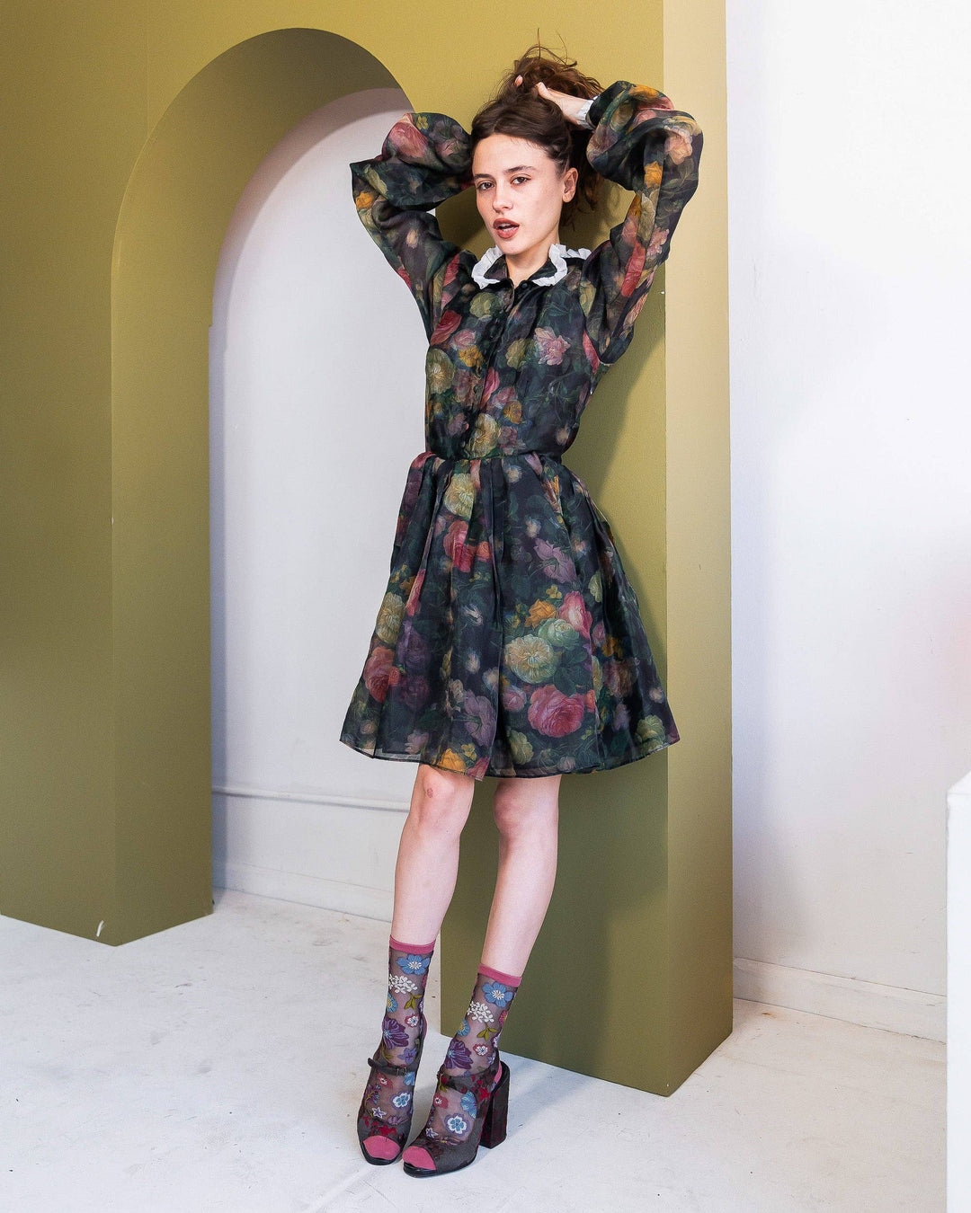 Dark Florals Black Sheer Socks