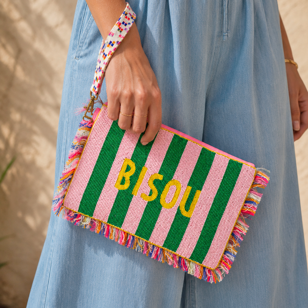 Beaded Clutch Bag – Pink & Green Bisou