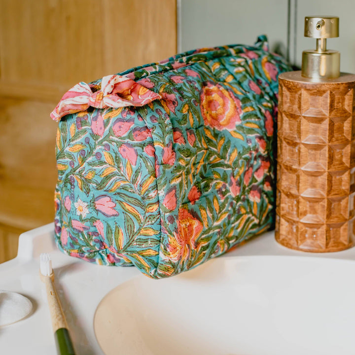Hand Block Printed Wash Bag in Pink City Bloom