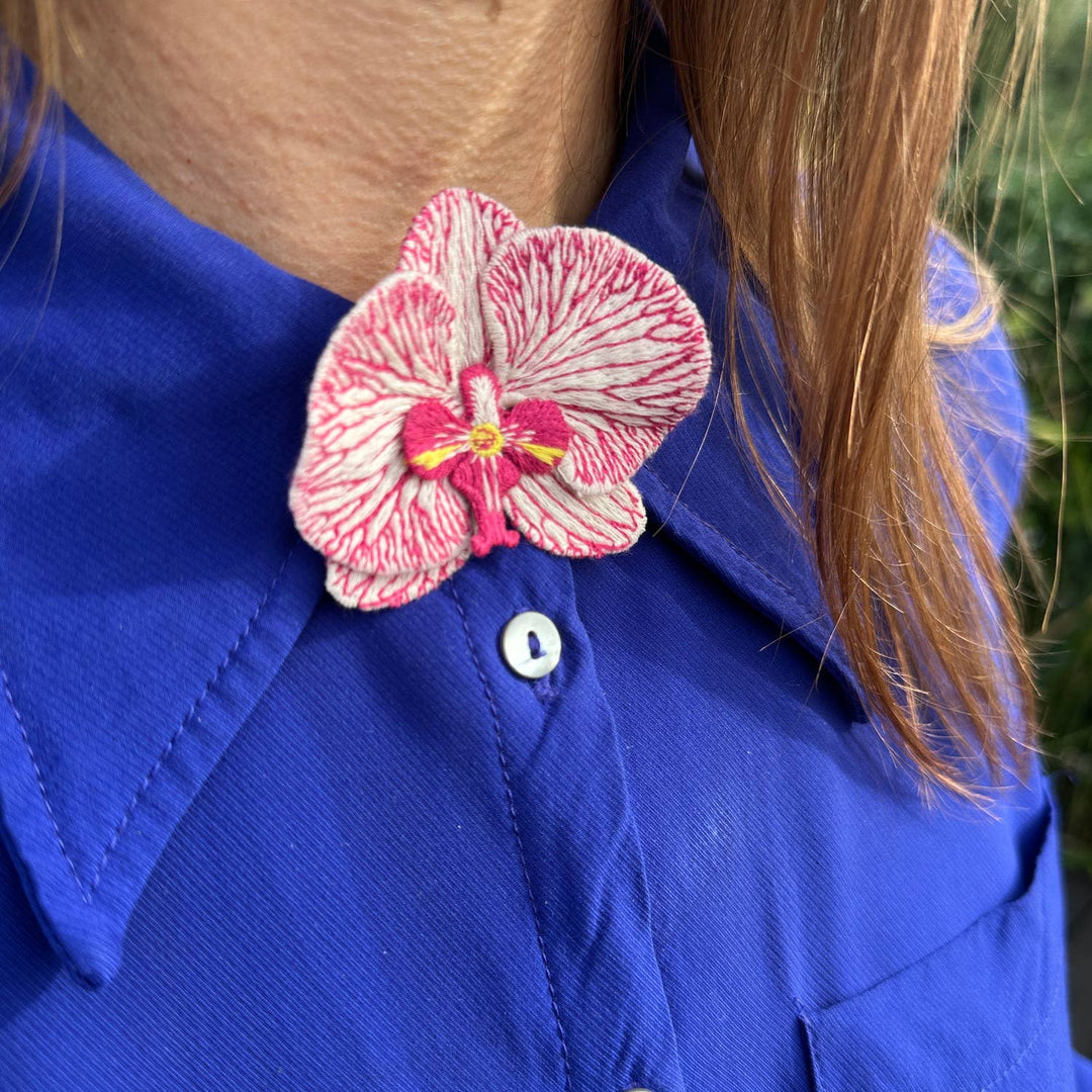 Orchid Embroidered Brooch - White Phalaenopsis