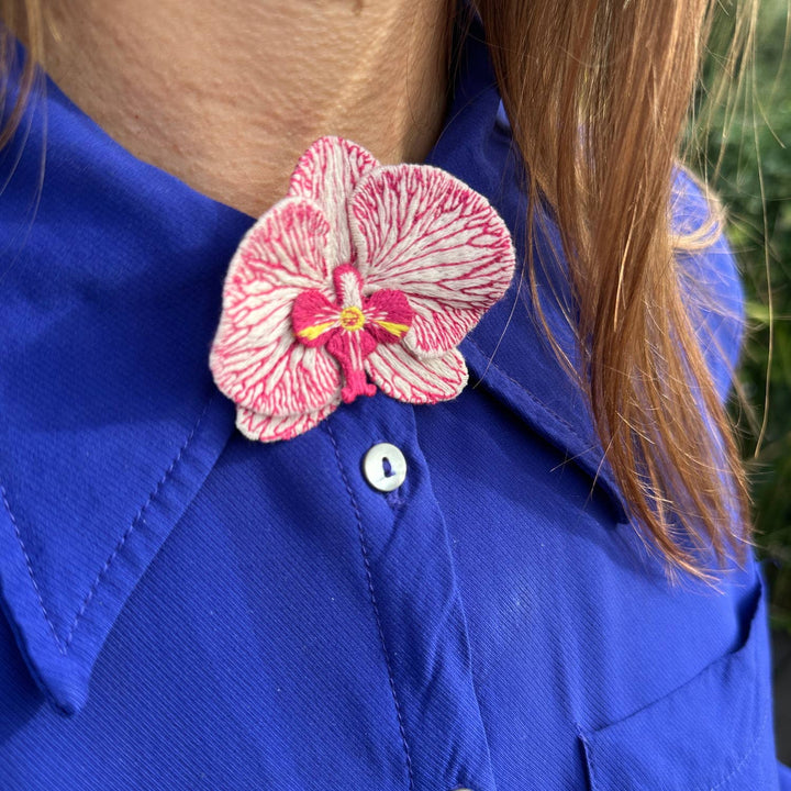 Orchid Embroidered Brooch - White Phalaenopsis