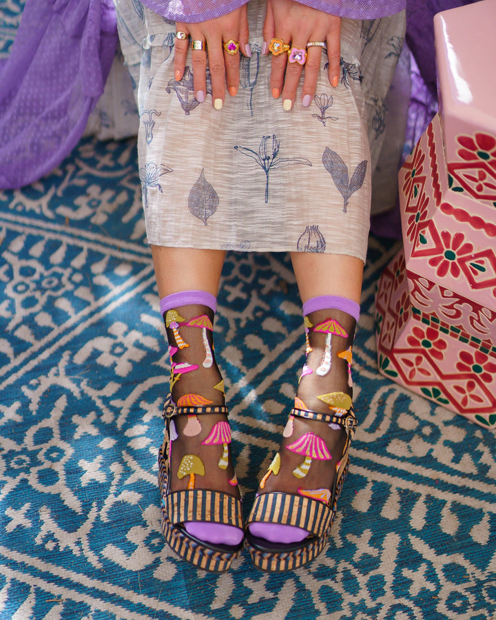 Magic Mushrooms Black Sheer Socks