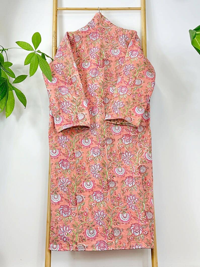 Boho Peachy Pink Floral Quilted Robe