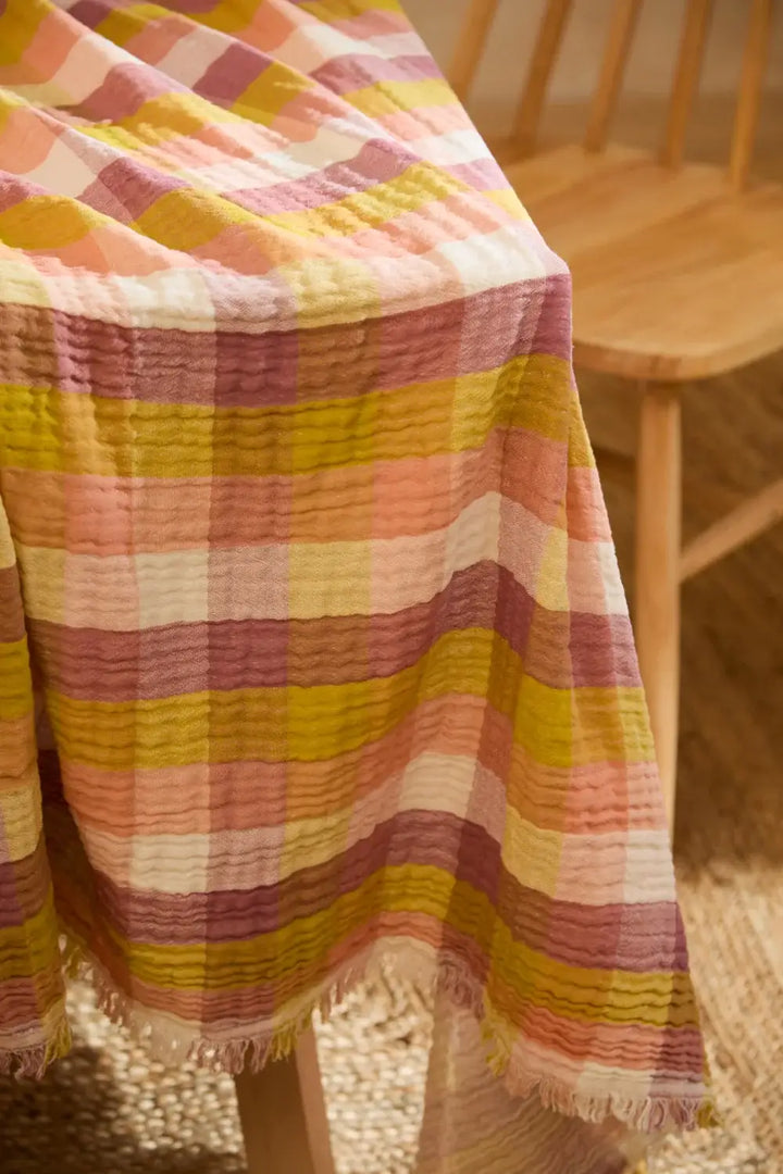 Harvest Gingham Muslin Tablecloth with Fringe