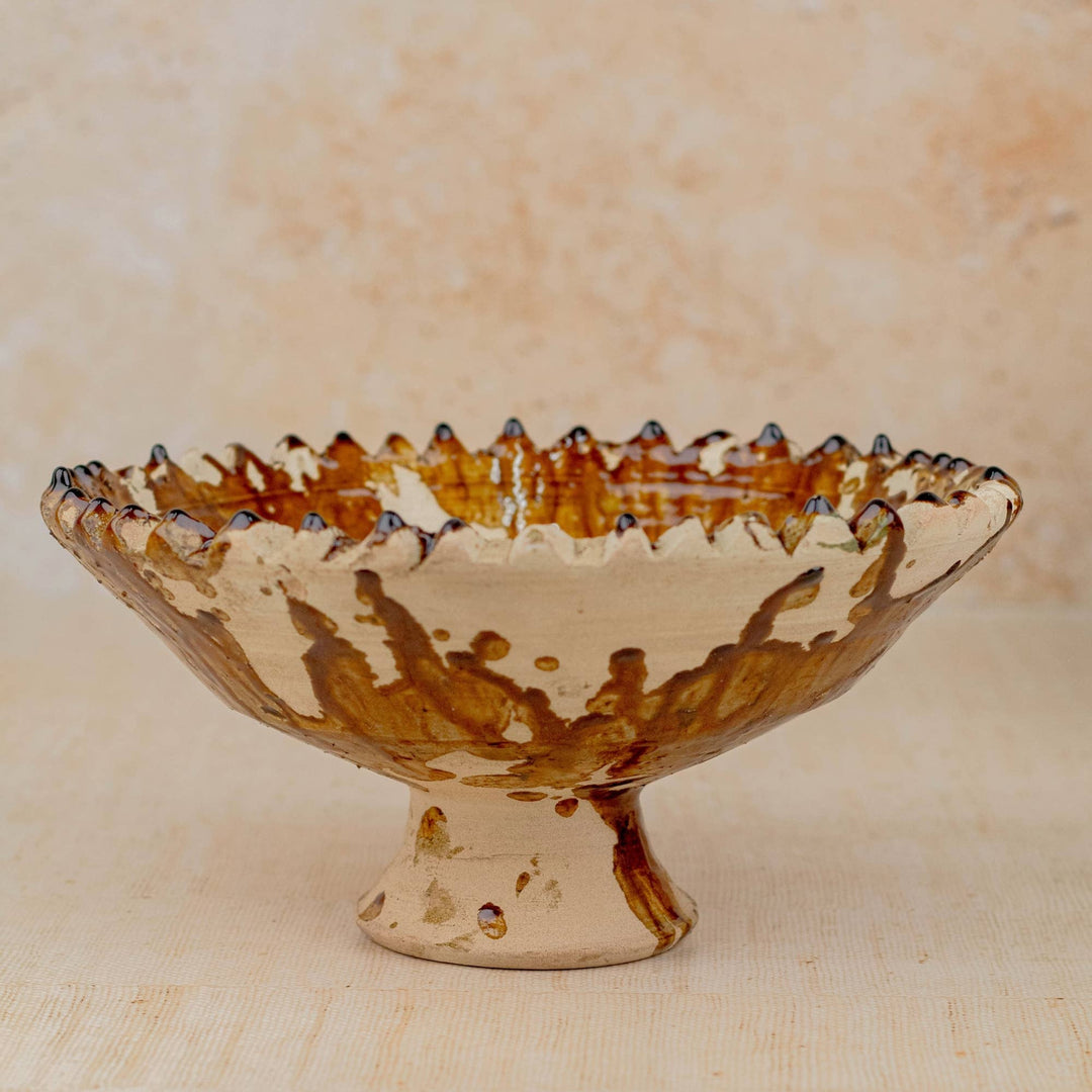 Moroccan Tamegroute Pedestal Bowl in Ochre - Large
