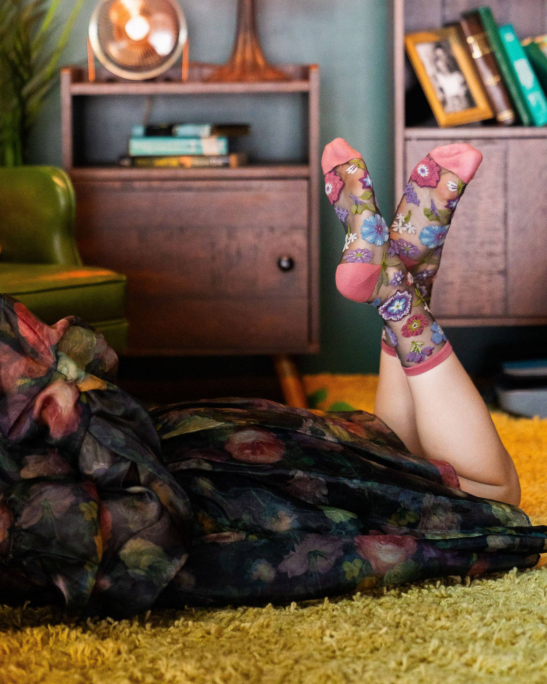 Dark Florals Black Sheer Socks