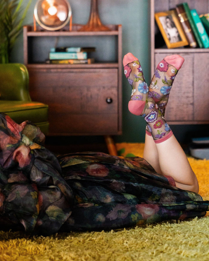 Dark Florals Black Sheer Socks