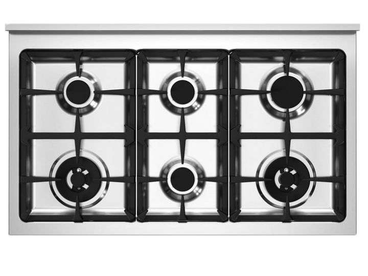 Stainless steel gas stove with four burners on a white background
