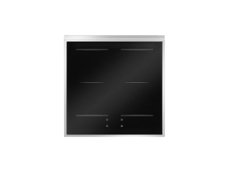 Black induction cooktop with silver frame on a white background