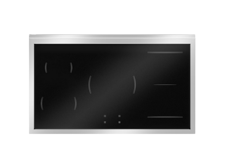 Stainless steel cooktop with black glass surface on a white background