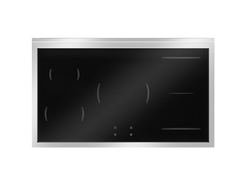 Stainless steel cooktop with black glass surface on a white background
