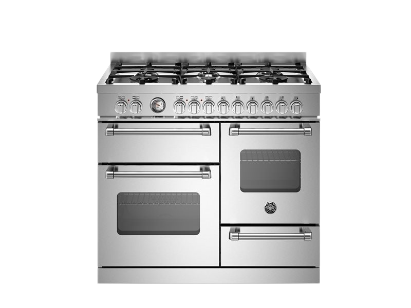 Stainless steel kitchen range with gas cooktop on a white background